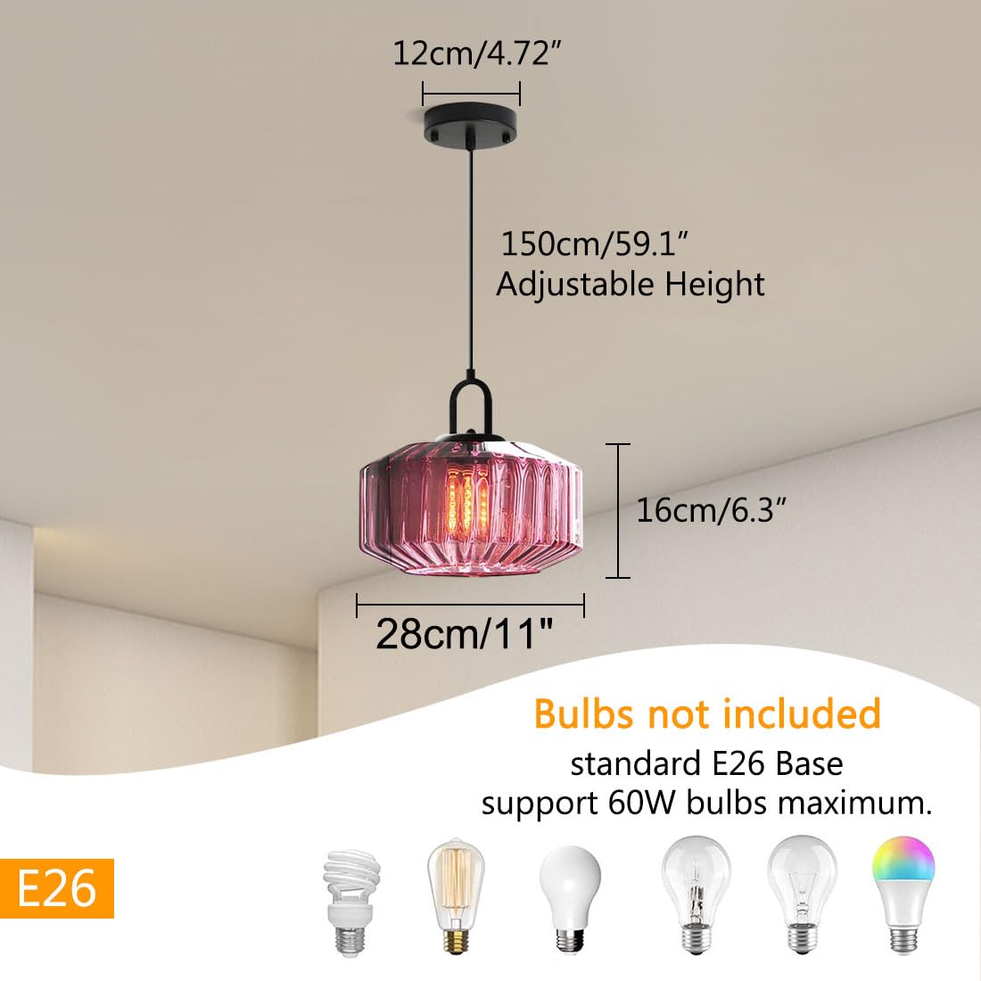 Mid Century Modern Pendant Light fixtures Glass Globe Pendant Lights with Hand Blown Purple Glass Shade Vintage Hanging Pendant Light for Dining Room Some Room Ceiling Hanging Light (Purple)