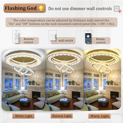 Dia 48" Large Chandelier Crystal Gold Ceiling Light Fixtures LED Flush Mount Ceiling Light for Living Room Bedrooms Dining Room Dimmable 2700k 4500k 6000k (Gold / W:48inches)