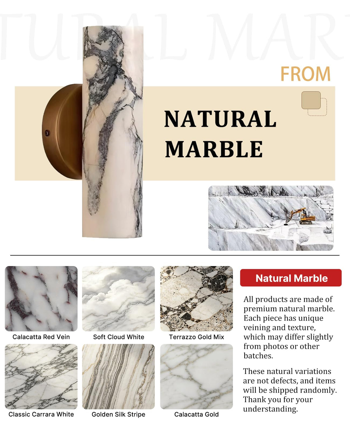 9.84" Natural Marble Wall Sconces Set of 2