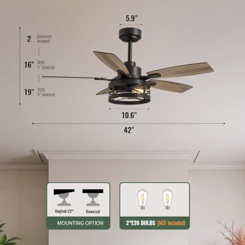 Inch Ceiling Fan with Light and Remote Control (Black / 42 Inch)