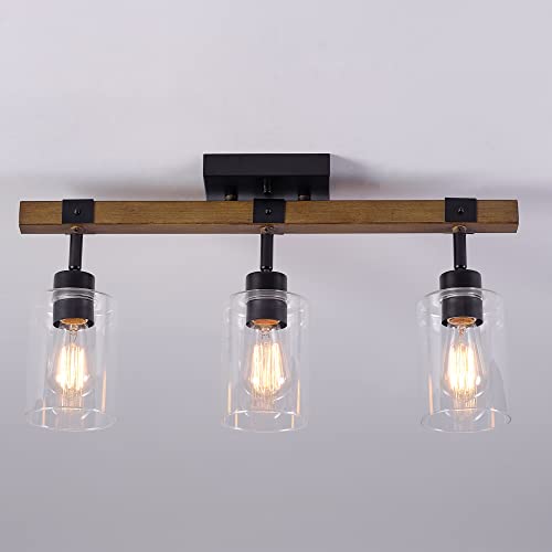 3 Light Faux Wood Track Lighting with Matte Black Accents and Clear Glass Shades (Faux Wood)