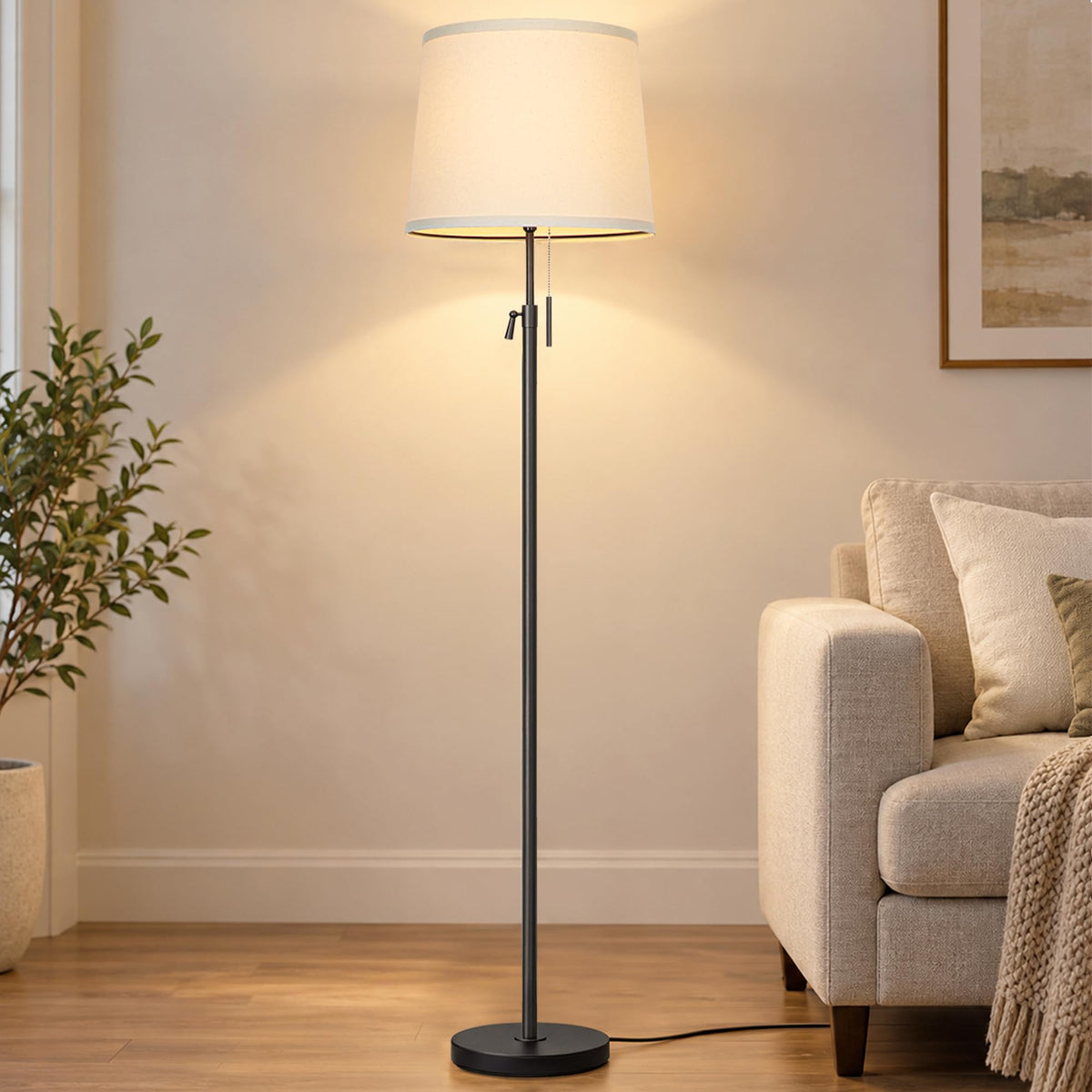 52" 63" Black Adjustable Floor Lamp (Black+Beige Linen Shade)