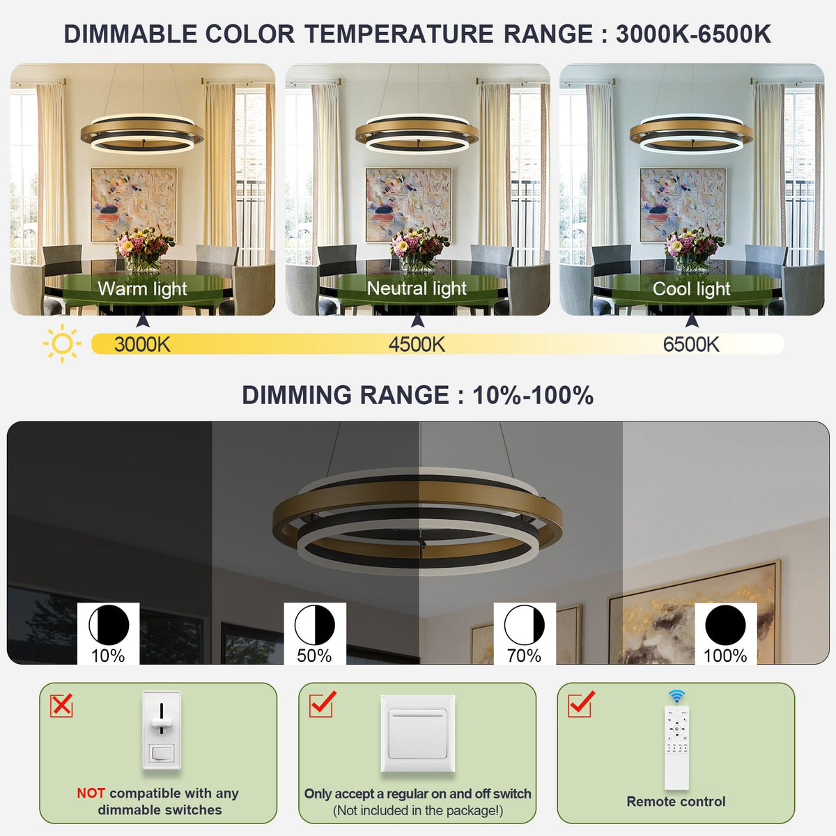 2 Rings Modern LED Chandelier Black Gold with Remote (Black Gold / 2 Rings 24 inches Up&Down)