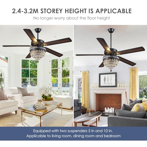 62" Black Crystal Chandelier Ceiling Fans with Lights and Remote Control (Black-62IN)