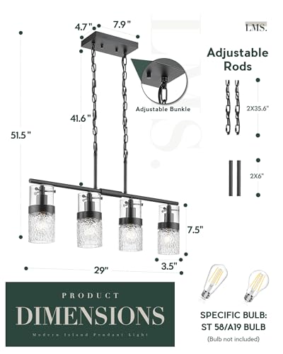 4 Light Island Lights (Black -Hammered Glass / 3.5" Hammered Glass, 4-Light)