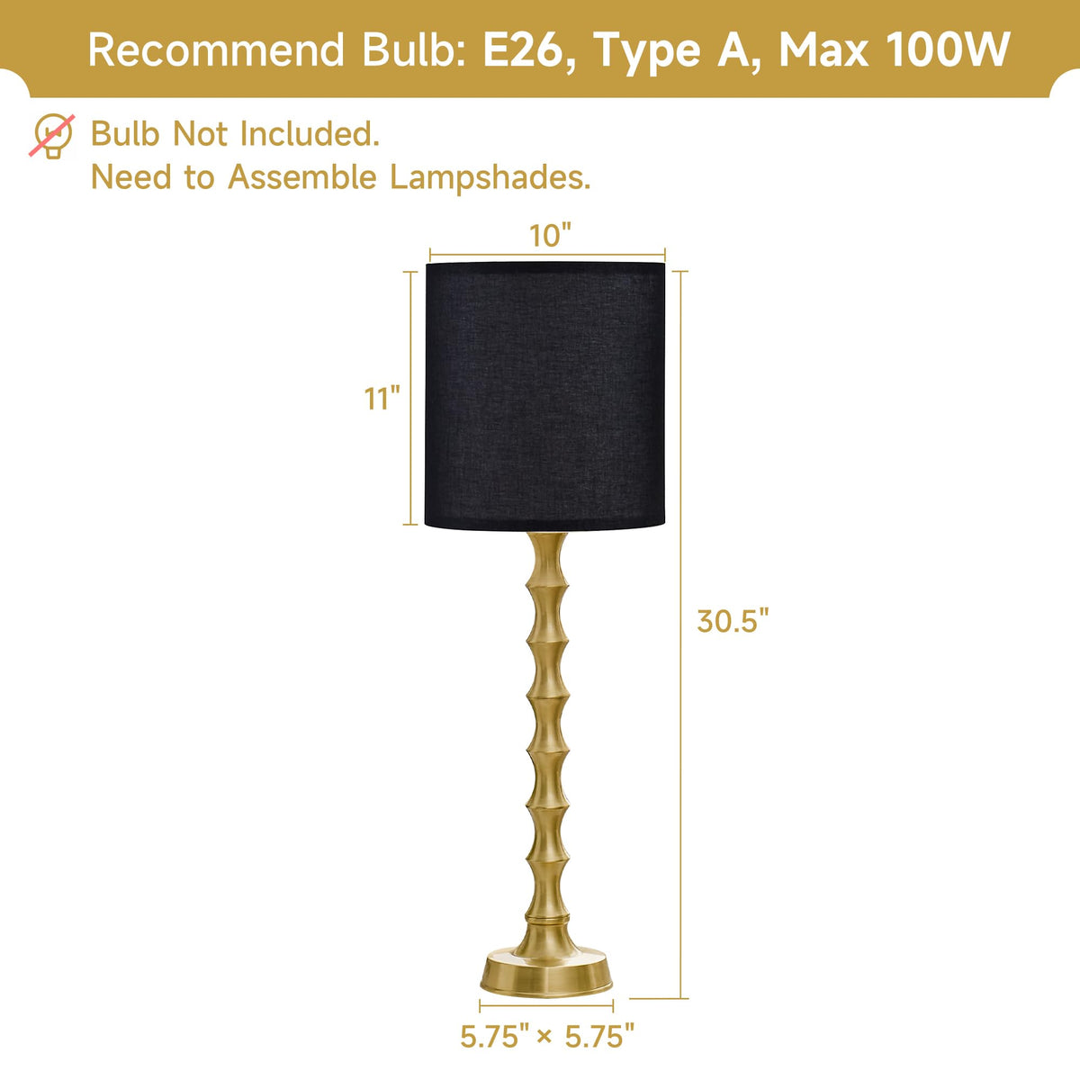 30.5" Gold Buffet Table Lamps Set of 2 with Black Shade (Black)
