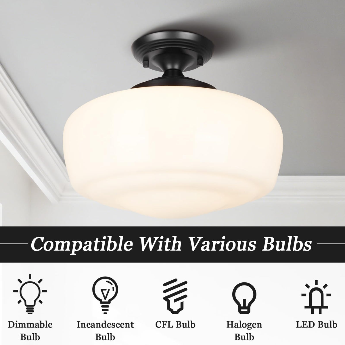 Large Schoolhouse Style Semi Flush Mount Ceiling Light Fixture (Black / Large)