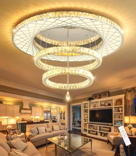 Crystal Glam Chandelier LED Ceiling Light Living Room Lighting Fixtures Remote Dimmable Ceiling Chandeliers Silver 40 Inches Large Light (40 inch / Silver)