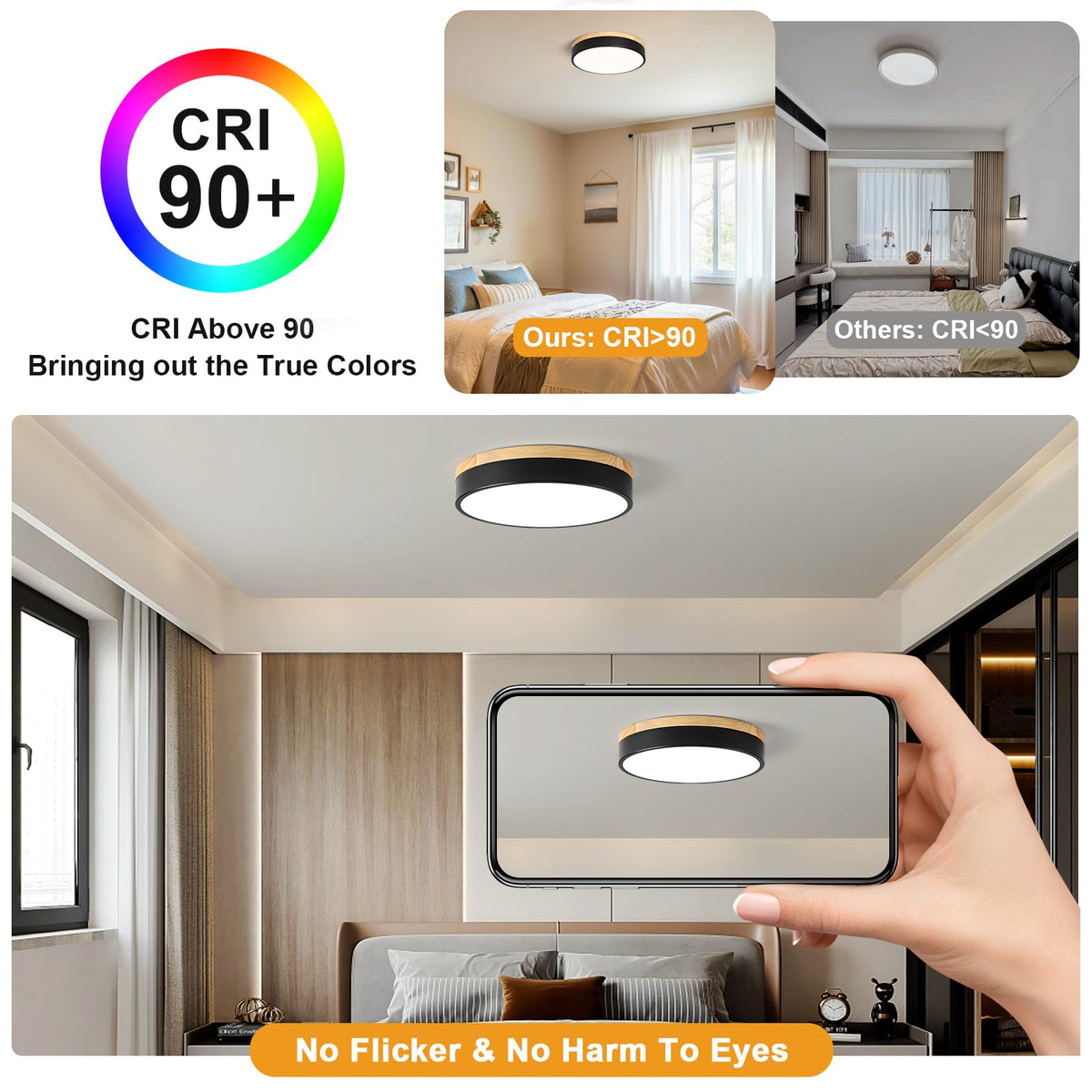 Dimmable LED Wood Black Round Flush Mount Ceiling Light 11.81 Inch (Black- Dimmable / 11.81 Inch)