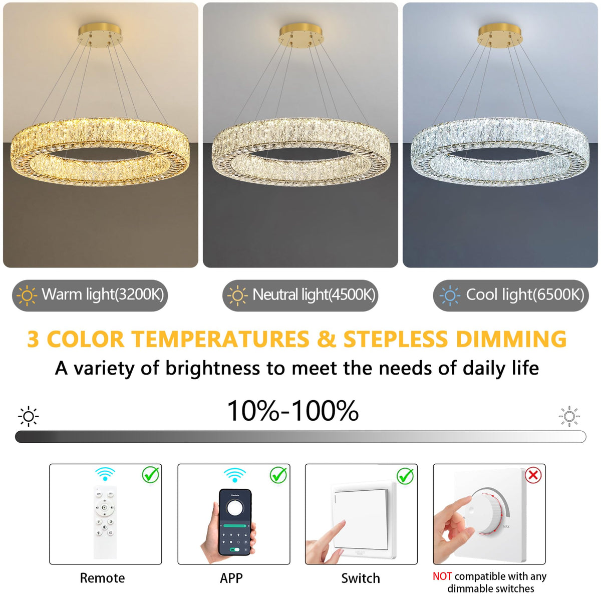 32 Inch Chandelier Glam Dimmable LED Crystal Chandeliers Luxury Round Pendant Lighting Fixtures for Dining Room Bedrooms Gold (Gold / Ring 32")