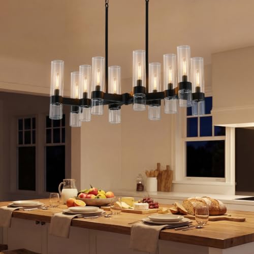 10 Light Black Chandeliers for Dining Room with Clear Glass Shade (Black / 10-Light L32")
