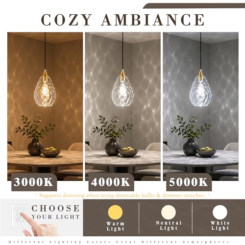 Gold Glass Pendant Lights Kitchen Island 6.3" Pendant Light Hammered Clear Glass 3 Pack Height Adjustable Modern Hanging Pendant Lights for Dining Room Bedroom Hallway Sink Bulbs Incl (Gold, 3 PK / 6.3 Inch)