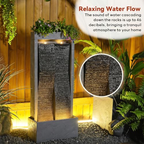 59H Modern Outdoor Water Fountain with LED Light Garden Cascading Waterfall Feature for Indoor or Outdoor Large Water Fountain for Relaxing Garden Patio Backyard Deck Porch or Home Décor (59.06H / Gray)