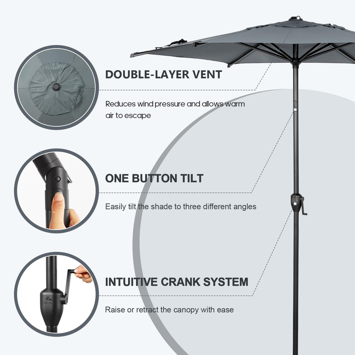 7.5FT Lyon Outdoor Patio Umbrella Outdoor Table Umbrella with Push Button Tilt and Crank Market Umbrella 6 Sturdy Ribs UV Protection Waterproof for Garden Deck Backyard Pool Grey (7.5 FT(6 Ribs) / Grey)