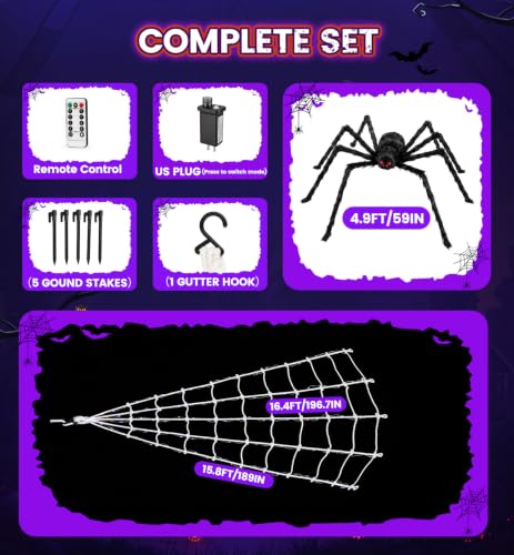 Upgrade Halloween Spider Web Decorations Outdoor + 59" Giant Spider Décor (purple&orange)
