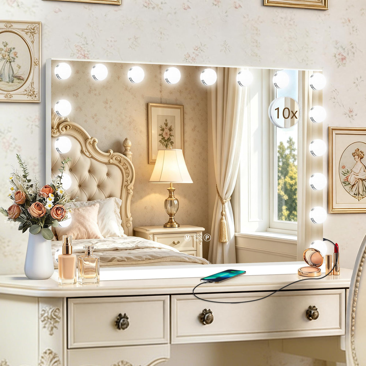 Hollywood Vanity Mirror with Lights (White / 36"L x 24"W)