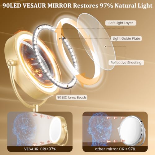 Professional 8.5" Large Lighted Makeup Mirror with Brighter Lights (Gold Nickel)