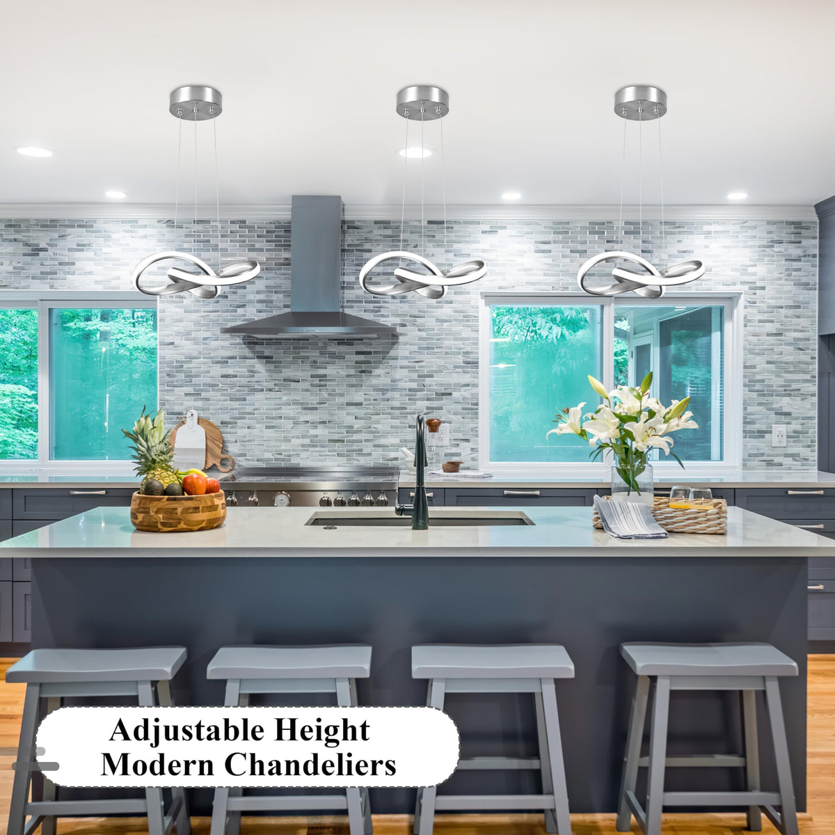 LED Chandelier Modern Pendant Light Fixture 2 Pack Simple Irregular Streamline Ring Light Nickel with 4500K and 59" Height Adjustable Hanging Lamp for Kitchen Island Hallway Foyer Corridor (Nickel / 12 Inch)