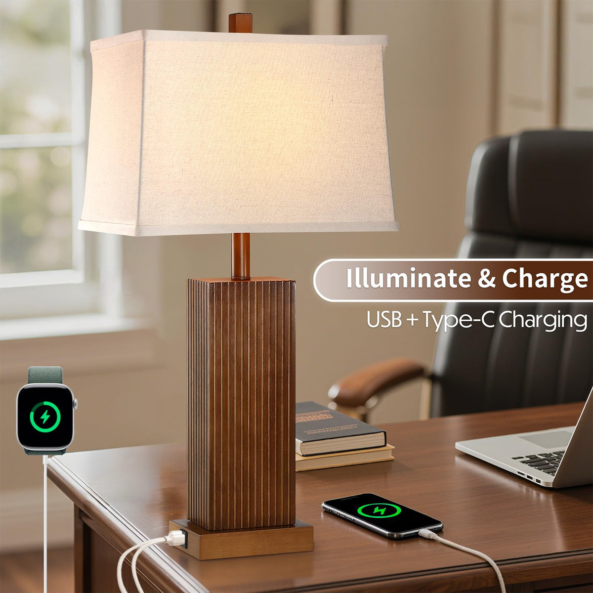 27.5" Wood Table Lamps Set of 2 for Bedroom Living Room (Walnut Wood 2 Pack)