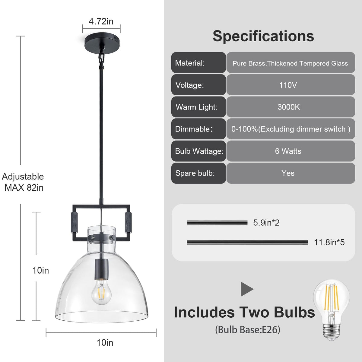 10 '' Modern Large Black Kitchen Island Pendant Light (Blak-10-In)