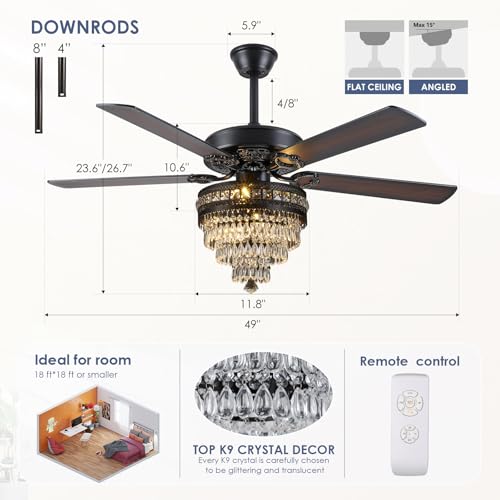 52"Black Crystal Chandelier Ceiling Fans with Lights and Remote Control (Black-52IN)
