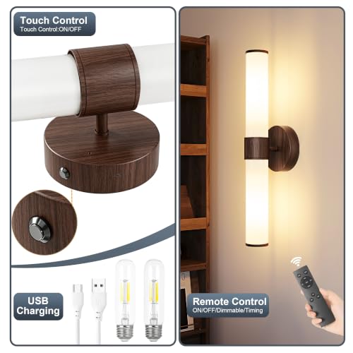 8000mAh Walnut Battery Operated Wall Sconces Set of 2 (Walnut（White Glass）)