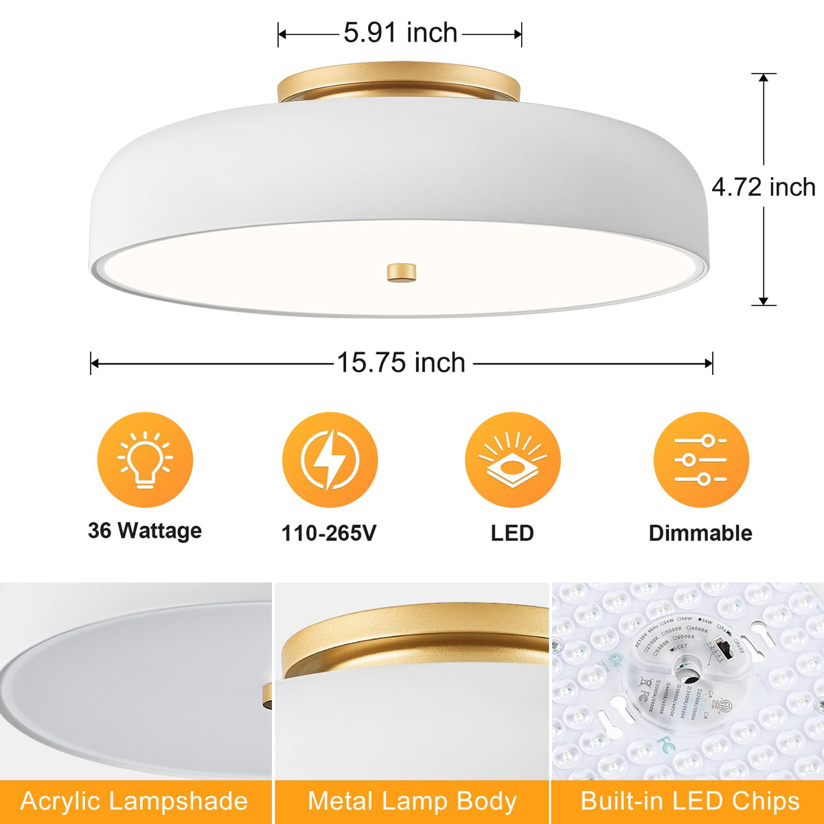 Dimmable LED Ceiling Light Fixture (White / 15.74IN)