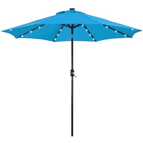 7.5/9/10/11FT Solar Patio Umbrella 32 LED Lighted Outdoor Table Market Umbrella with 8 Ribs/Tilt Adjustment and UV-Resistant