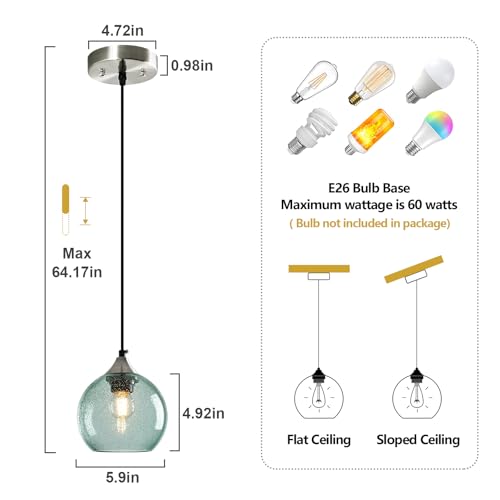 Light Green Seeded Glass Pendant Lights Kitchen Island 1 Pack (Light Green / S - 5.9 in)