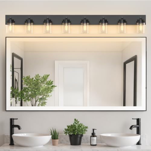 Bathroom Vanity Light Fixture (Black-Clear Glass Shade / 56 inch-8-Light)