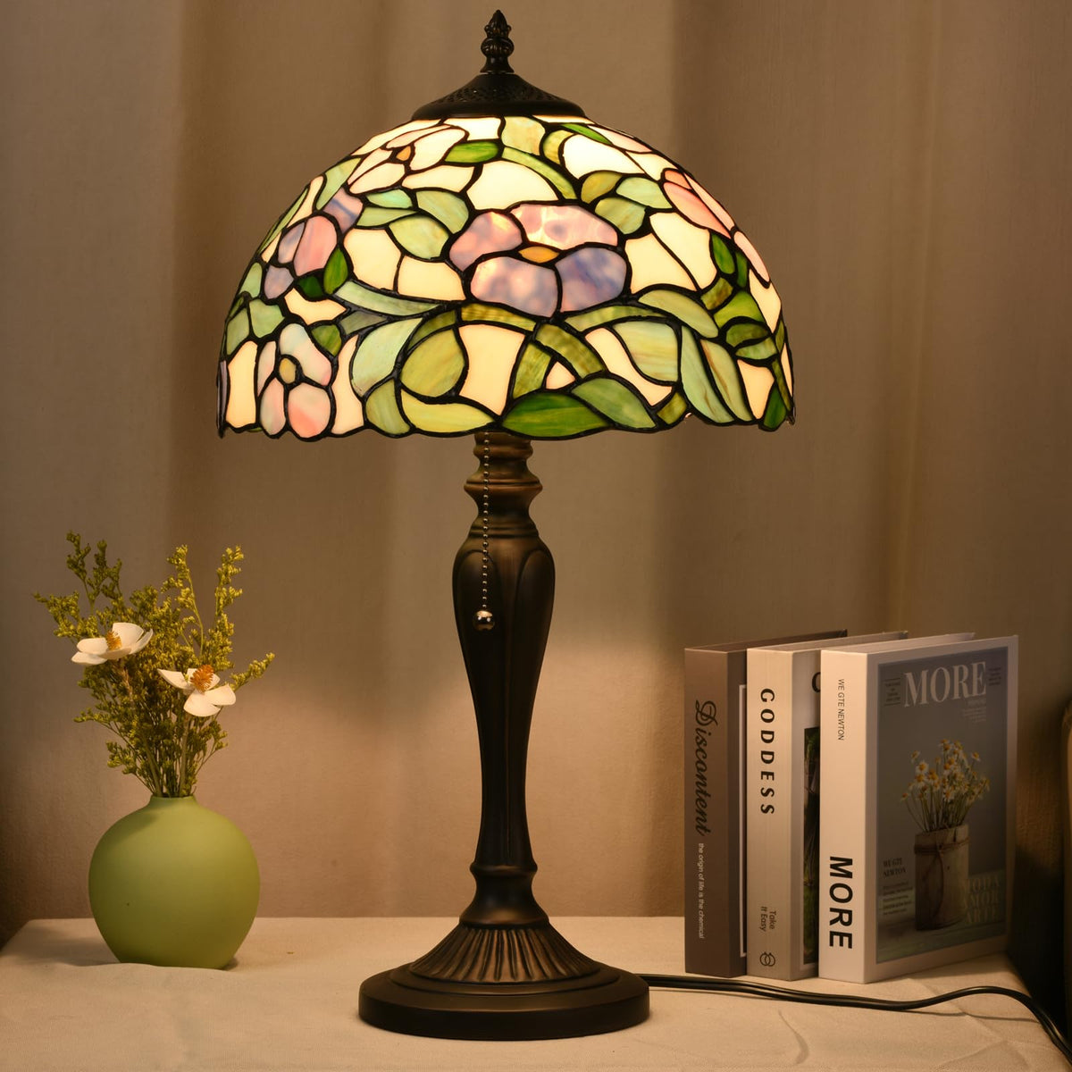 TL0005 Tiffany Table Lamp Bedside Stained Glass Lamp Spring Floral Design Reading Desk Light 12X21.5 Inches for Bedroom Living Room Home Office (Spring florals)