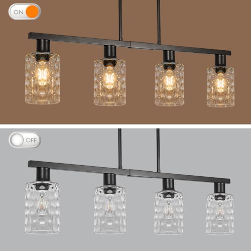 4 Light Kitchen Island Lighting Black Dining Room Light Fixture with Hammered Glass Shade 31" Modern Linear Chandelier Adjustable Hanging Pendant Lighting Over Island Dining Table Living Room (Black+hammered glass / 31in)