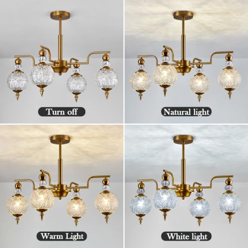 Vintage Gold Sputnik Chandelier 4 Lights Crystal Adjustable Hanging Ceiling Light Fixture Antique Pendant Lighting with Glass Globe Shade for Living Room Dinning Room Bedroom Kitchen (Gold / 4 light)