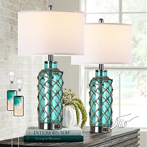 Cottage Nautical Accent Table Lamp Set of 2 (Blue Green)