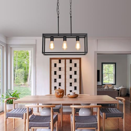 3 Light Black Linear Chandelier Modern Rectangle Farmhouse Dining Room Light Fixture for Kitchen Island Bar UL Listed (3-Lights)