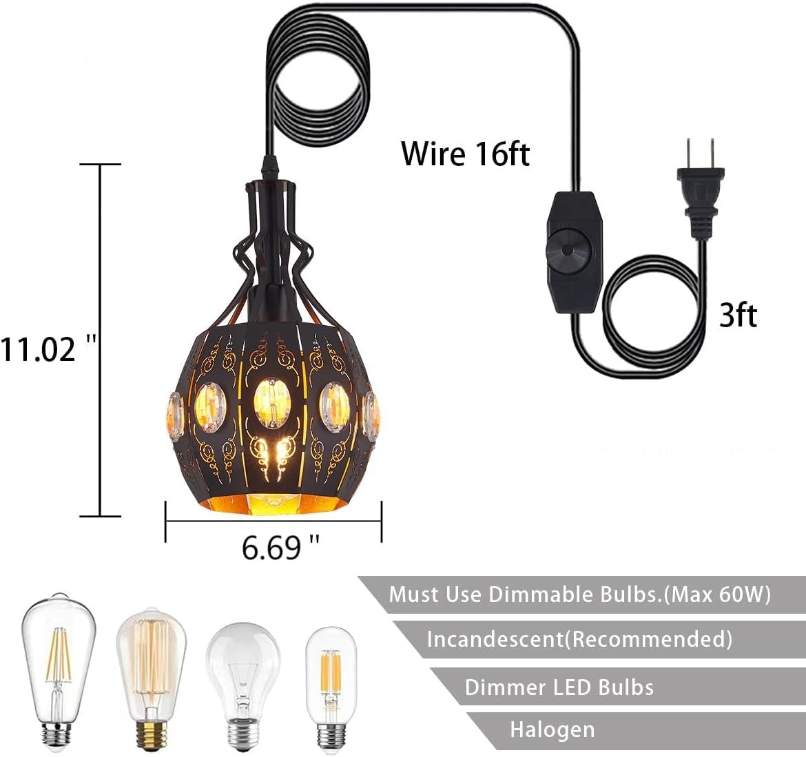 Hanging Lamp Swag Lights Plug in Pendant Light (YL13-Black)