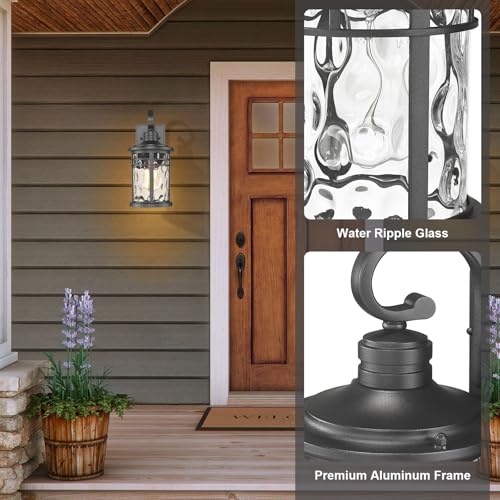 Outdoor Porch Lights Wall Mount Sconces with Water Ripple Glass Outdoor Lighting Waterproof Exterior Lantern for House Front Porch Patio Garage Doorway Garden (1 Pack-Water Ripple Glass / Medium)