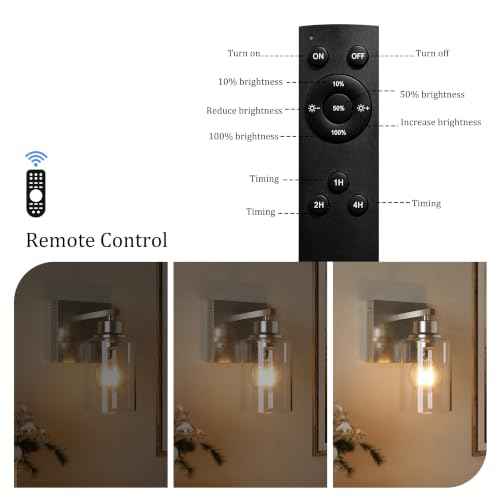 Wireless Battery Operated Wall Sconce Set of 2 with Remote Control (Nickel(Clear Lampshades))