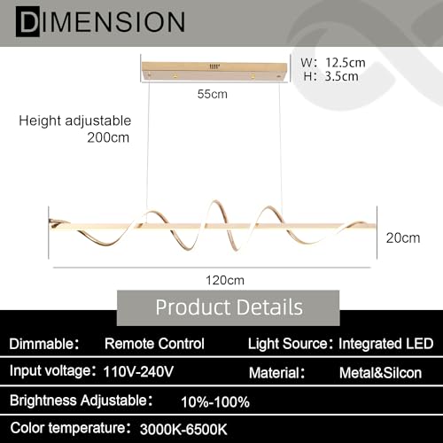 Gold Modern Chandelier for Dining Room 47.24" Led Pendant Light Kitchen Island Lighting Dimmable Serpentine Twist (Electroplated Gold / 47.24")