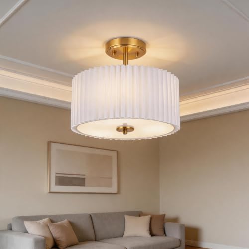 3 Light Semi Flush Mount Ceiling Light Fixture (Gold + Pleated White Shade)