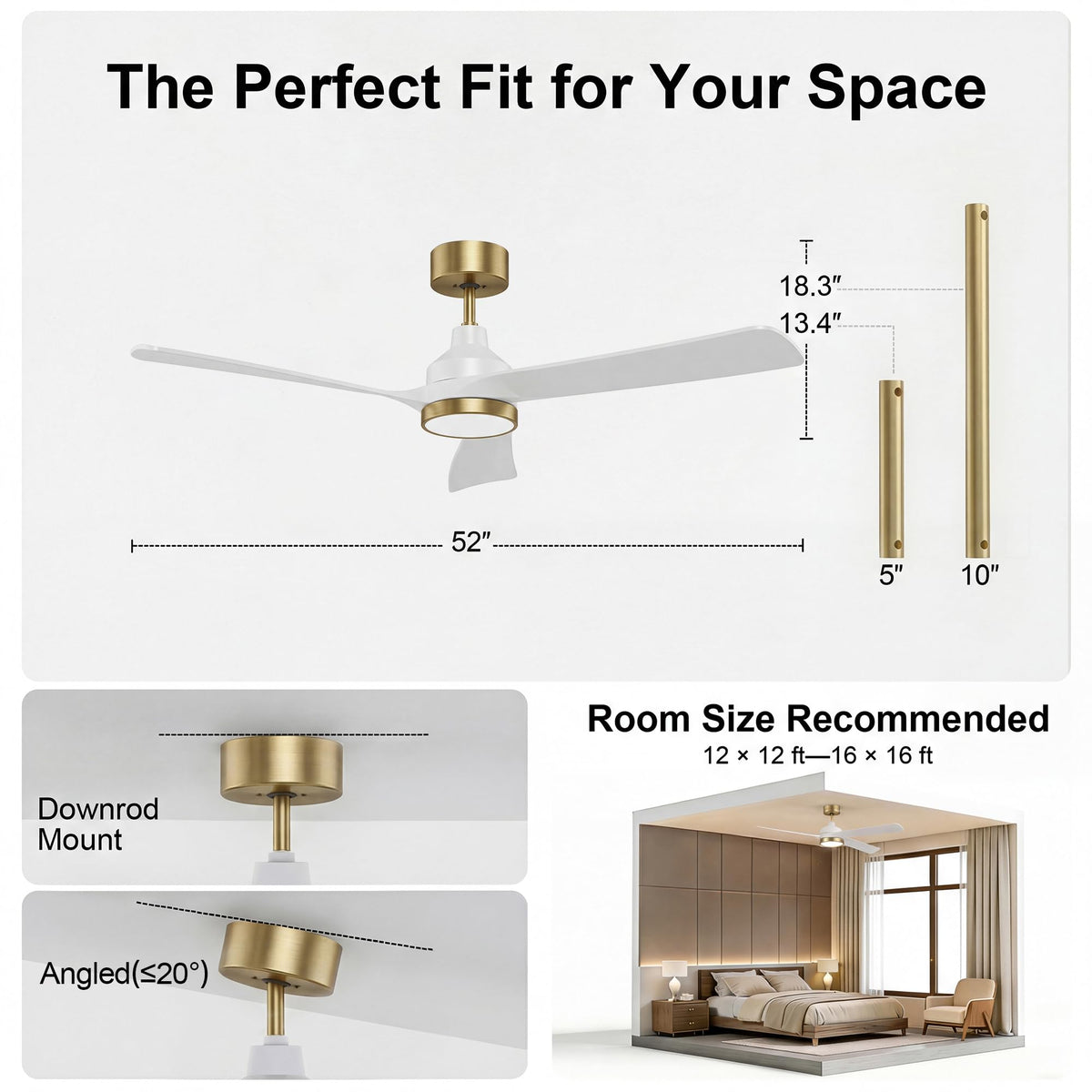 2 Pack 52 Inch Ceiling Fan with Lights (white & gold / 52 Inch)