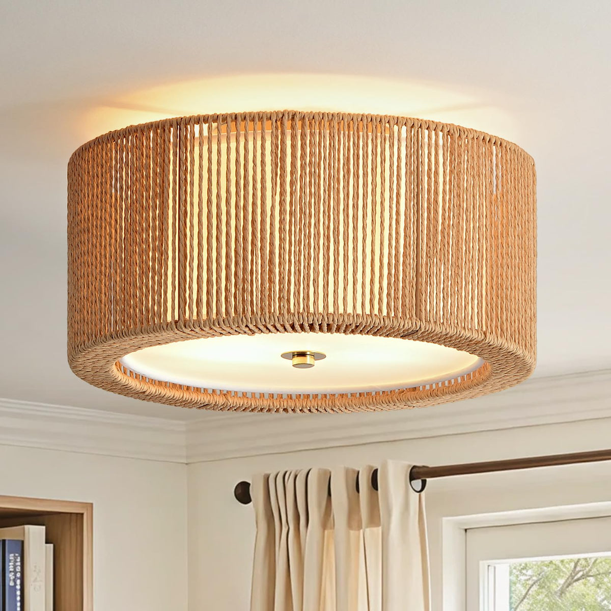 17.7" Rattan Ceiling Light (Vertical Weave- Brown / 17.7")