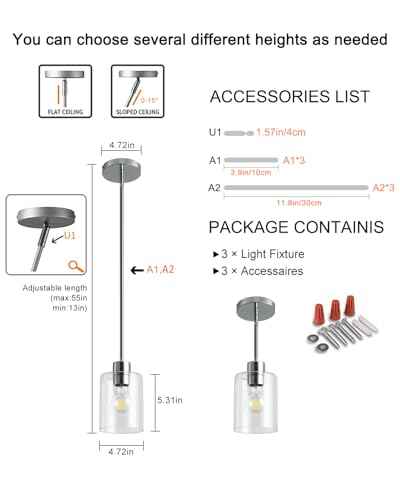 3 Pack Chrome Pendant Lights Kitchen Island Clear Glass Cylinder Shade (Chrome 3PK)