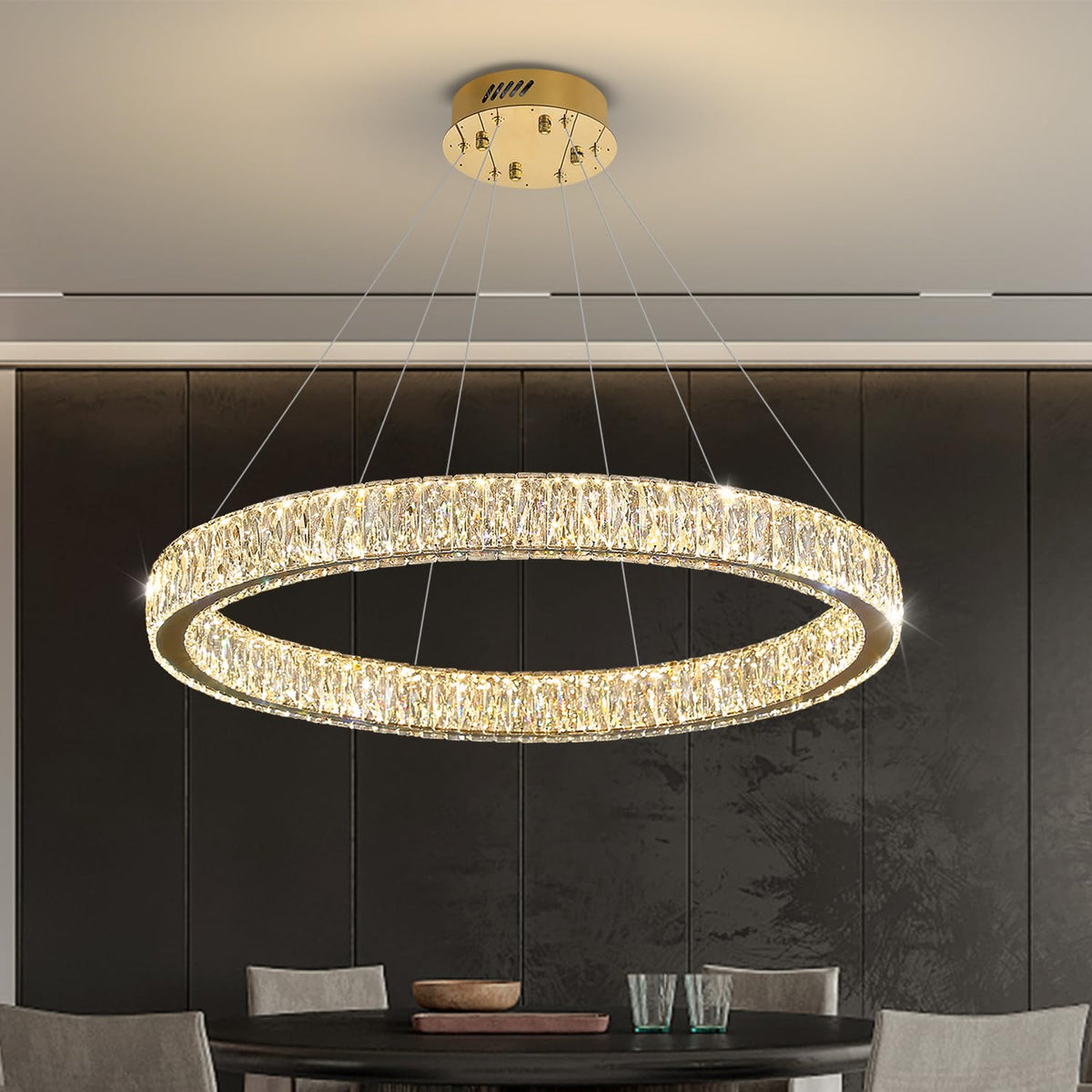 Modern LED Dimmable Crystal Chandelier 39.4" Ring Pendant Light Adjustable Gold Round Crystal Chandelier Light Fixtures for Dining Room Living Room (Gold 1 Ring 40")