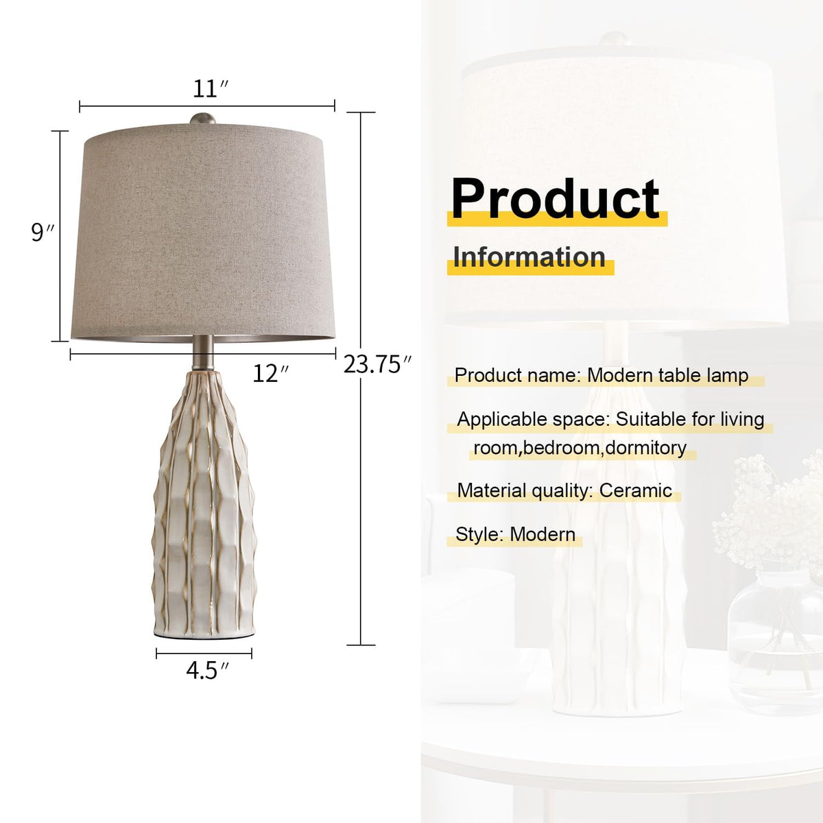 Ceramic Table Lamps Set of 2 (B 23.75"-Cream-2Pack)
