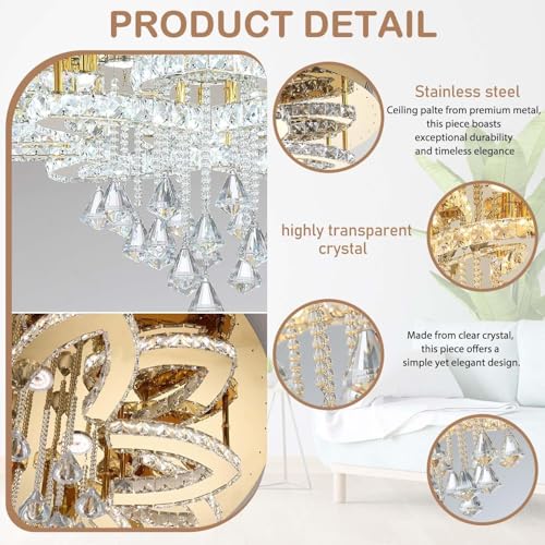 W32 Modern Crystal Chandelier for Living Room Gold Raindrop Chandelier Flush Mount Chandeliers for Foyer Dining Room Hallway Dimmable 2700K (Gold / W:32inches)