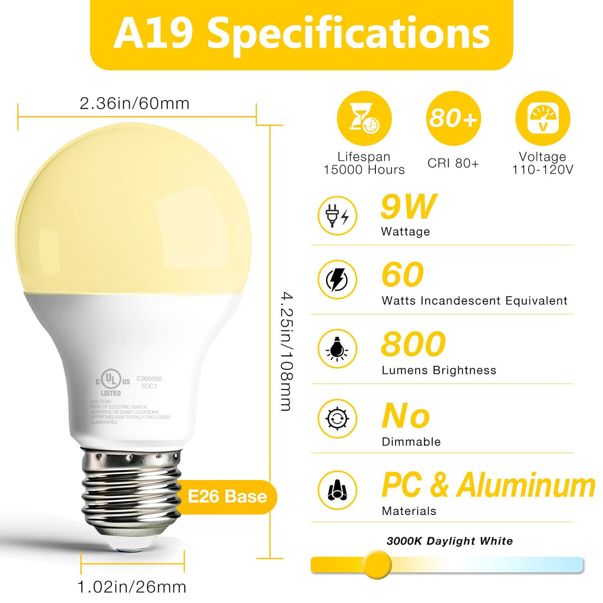 6 Pack LED Light Bulbs A19 E26 60 Watt Equivalent Warm White 3000K Standard Lightbulb (Warm White 3000k / 6 Counts)