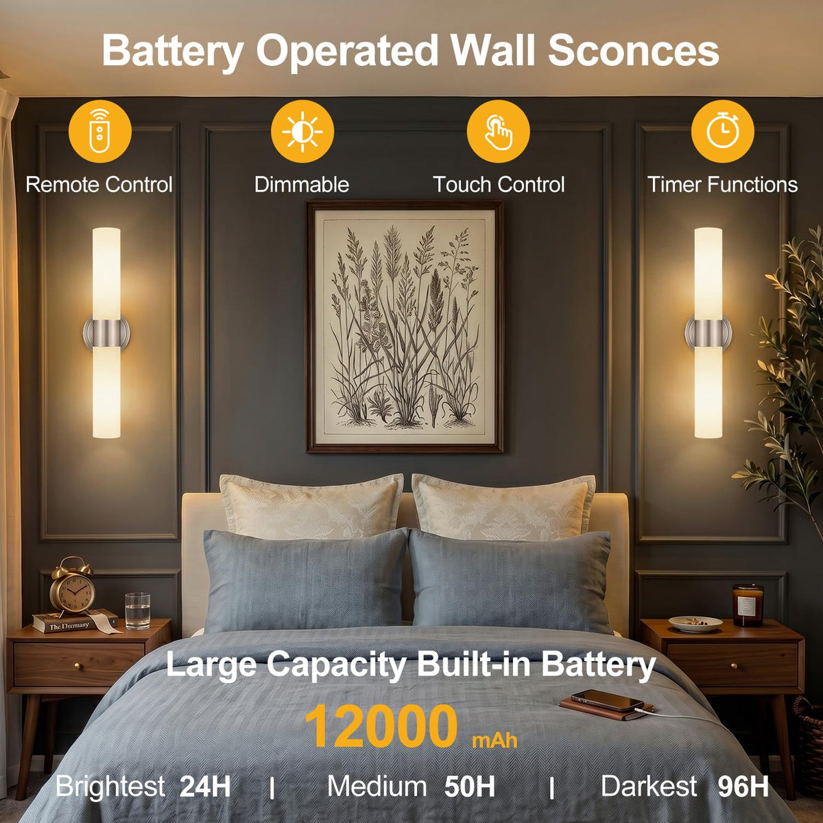 Rechargeable Wall Sconces Set of Two (Brushed Nickel & Milky White Glass / Battery-22 Inch-2PC)