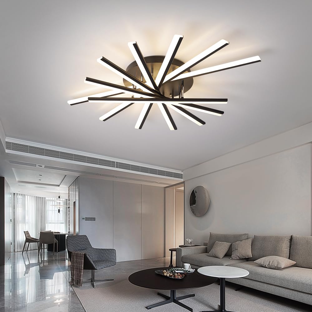 7 Lights Linear Modern Ceiling Lamp 41.3 inch Dimmable Led Semi Flush Mount Black Spiral Ceiling Light Fixture for Bedroom Dining Room Kitchen Island Living Room (Black / 41.3in)