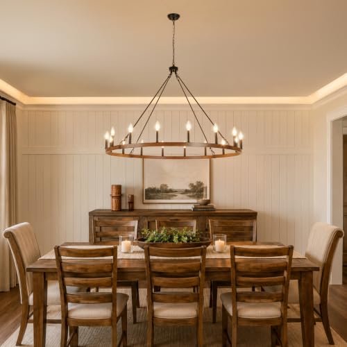 16 Light Farmhouse Wagon Wheel Chandelier 47"W Rustic Metal Chandeliers (Black and Wood-grain -16 Lights)